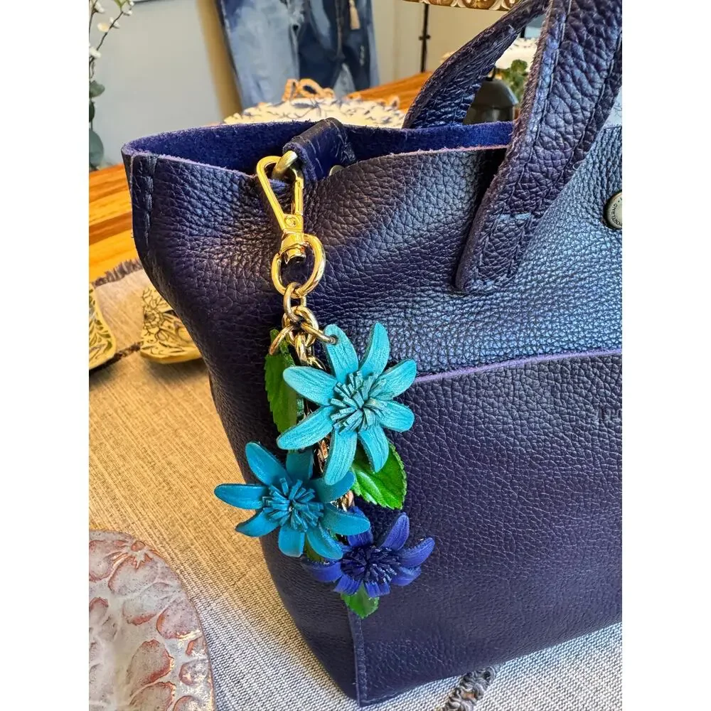 Triple Blue Flower Bag Charm Genuine Leather Purse Charm Flower Charms NEW!